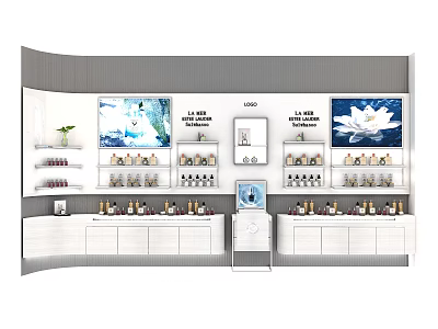 Modern Cosmetic Display Shelves With Large Screens Lotus Images Brand Logo And Skincare Products 3d model