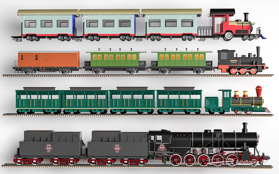 Different Colored Train Models With Steam Locomotives Passenger And Freight Cars 3d model 