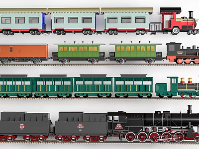 Different Colored Train Models With Steam Locomotives Passenger And Freight Cars 3d model