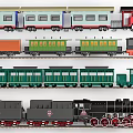 Different Colored Train Models With Steam Locomotives Passenger And Freight Cars