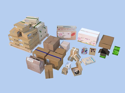 Household Items Packaging With Various Sizes Colors And Patterned Cardboard Boxes 3d model