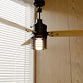 Modern Black Ceiling Fan With Light And Wooden Blades Near Window Blinds