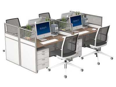 Modern Office Desk Workstations With Divider Panels Ergonomic Chairs Computer Monitors And Potted Plants 3d model