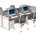 Modern Office Desk Workstations With Divider Panels Ergonomic Chairs Computer Monitors And Potted Plants