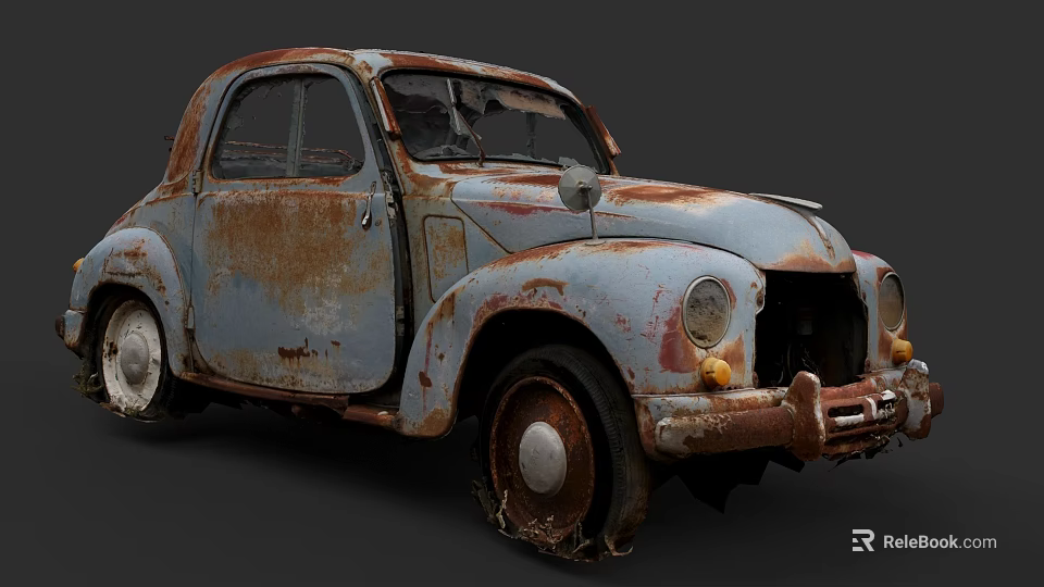 Rusted Blue Vintage Car With Broken Windshield And Missing Front Section 3d model