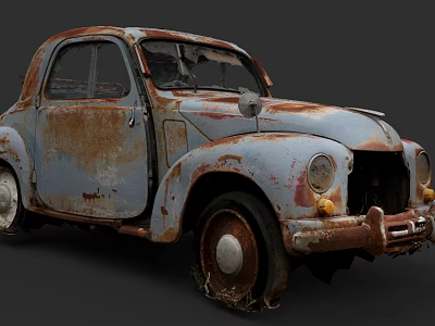 Rusted Blue Vintage Car With Broken Windshield And Missing Front Section 3d model