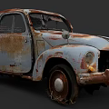 Rusted Blue Vintage Car With Broken Windshield And Missing Front Section 3d model