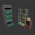 Vintage Metal Equipment Cabinet And Metal Shelf With Green Cylindrical Container And Small Device