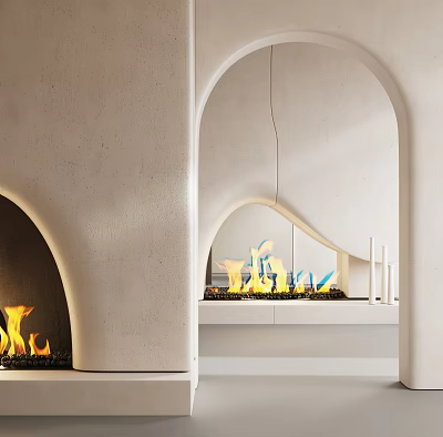 Modern Minimalist Fireplace With White Concrete Arch Design And Burning Flames In Mirror Reflection 3d model