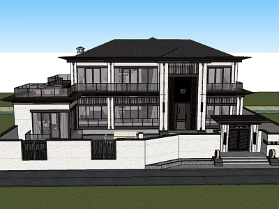 Modern Two Story Detached Villa With Black Roof White Walls And Large Glass Windows 3d model