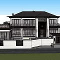 Modern Two Story Detached Villa With Black Roof White Walls And Large Glass Windows