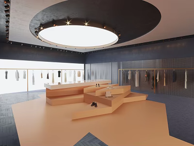 Modern Clothing Store Interior With Circular Ceiling Light Display Platforms And Hanging Clothes 3d model