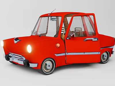 Red Vintage Compact Car With Open Door Lit Headlights And Unique Design 3d model