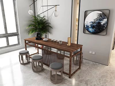 Modern Wooden Tea Table and Chairs with Tea Set Coffee Machine and Green Plant 3d model