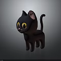 Cartoon Black Cat Standing with Big Yellow Eyes Pink Ears White Whiskers on Gray Background 3d model