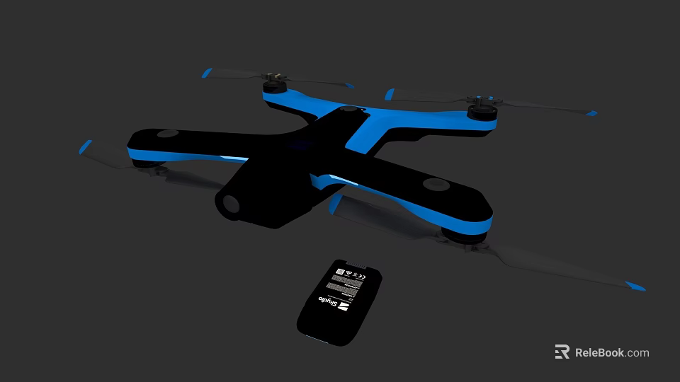 Black And Blue Quadcopter Drone With Remote Control And Propellers 3d model 