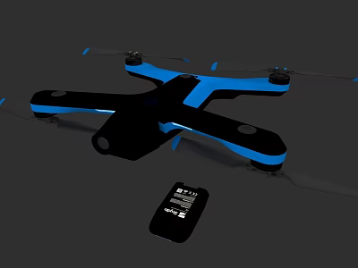 Black And Blue Quadcopter Drone With Remote Control And Propellers 3d model