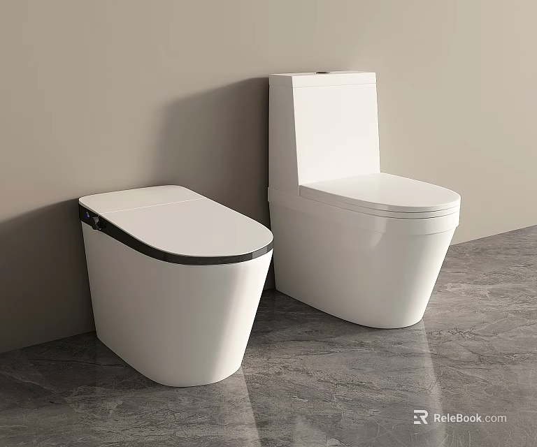 Modern White Smart Toilet Bowl And Standard Toilet In Bathroom Interior With Gray Floor 3d model 