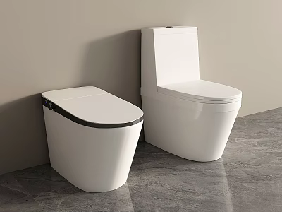 Modern White Smart Toilet Bowl And Standard Toilet In Bathroom Interior With Gray Floor 3d model