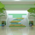 Kindergarten School Interior With Green Tree Decorations Colorful Steps And Bright Ceiling Lights 3d model