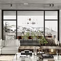 Modern Living and Dining Room Interior With White Sofa Glass Coffee Table and Large Windows