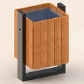 Wooden Trash Bin With Black Metal Frame And Vertical Slats Design