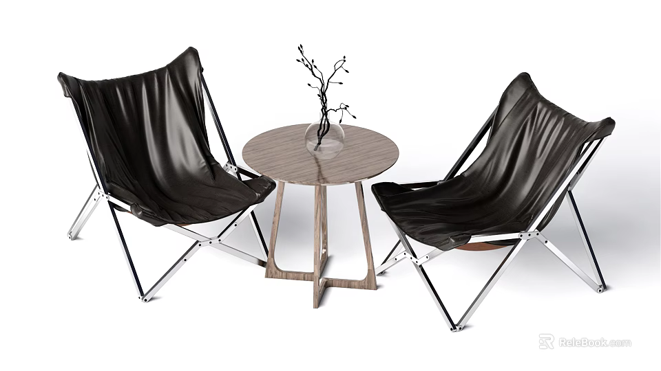 Modern Black Leather Chairs and Round Wooden Table Set with Metal Frame and Decorative Plant 3d model 