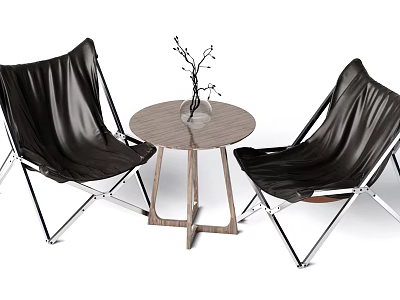 Modern Black Leather Chairs and Round Wooden Table Set with Metal Frame and Decorative Plant 3d model