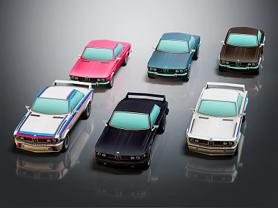 Classic Retro Cars In Various Colors Including Pink Blue Black And White 3d model