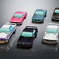 Classic Retro Cars In Various Colors Including Pink Blue Black And White