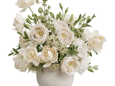 Elegant White Flowers Arrangement In White Vase With Green Leaves And Small Blossoms 3d model
