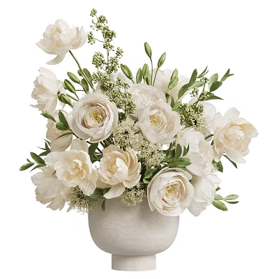 Elegant White Flowers Arrangement In White Vase With Green Leaves And Small Blossoms 3d model