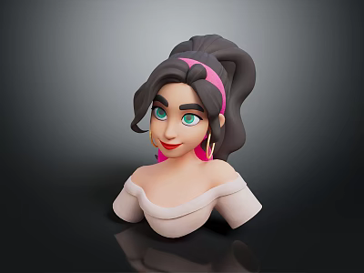 3D Female Character with Dark Hair Pink Headband Green Eyes White Shoulderless Top Dark Background 3d model