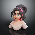 3D Female Character with Dark Hair Pink Headband Green Eyes White Shoulderless Top Dark Background