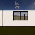 White Building Exterior With Large Glass Window And Blue Sky Cloud View