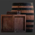 Rustic Wooden Barrel And Crate With Small Tray On Gray Surface 3d model