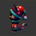 Cute Cartoon Cat In Red Hat Red Dress With Pink Blue Ears And Big Eyes