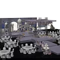 Wedding Stage with White Architectural Decorations Purple Pink Floral Arrangements and Dining Tables