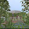 Garden Landscape With Outdoor Patio Lush Greenery Colorful Flowers Dining Table Chairs And Umbrella