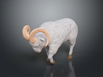 White Sheep with Curved Large Horns Standing on Dark Background with Reflection 3d model