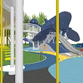 Kids Play Area Design With Net Stairs Blue Canopies Colorful Flooring And Green Plant
