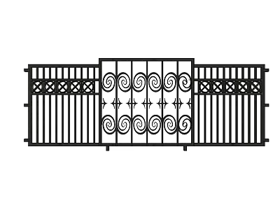 Elegant Iron Entrance Gate with Intricate Scroll Patterns and Geometric Railings 3d model