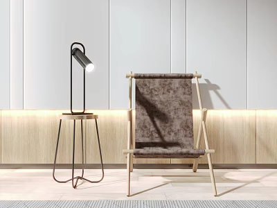 Stylish Leisure Chair With Wooden Frame Textured Fabric Cushion Near Floor Lamp And Wooden Panel Wall 3d model
