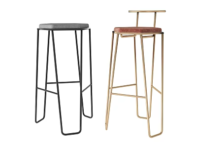 Modern Bar Stools With Black Gold Metal Frames Grey Round Seat And Red Leather Cushion 3d model