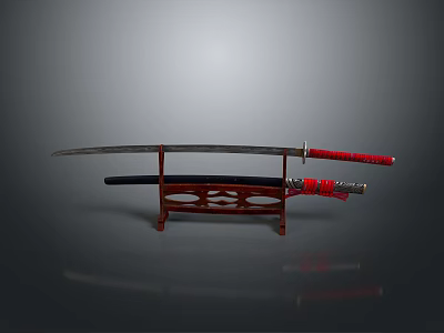 Traditional Japanese Katana Weapon With Black Scabbard Red Handle On Red Decorative Stand 3d model