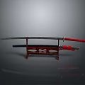 Traditional Japanese Katana Weapon With Black Scabbard Red Handle On Red Decorative Stand