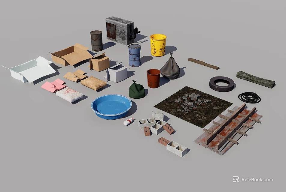 Assorted Construction Materials And Miscellaneous Items With Cardboard Boxes Buckets Pipes Fabric Planks And Bricks 3d model
