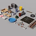 Assorted Construction Materials And Miscellaneous Items With Cardboard Boxes Buckets Pipes Fabric Planks And Bricks 3d model
