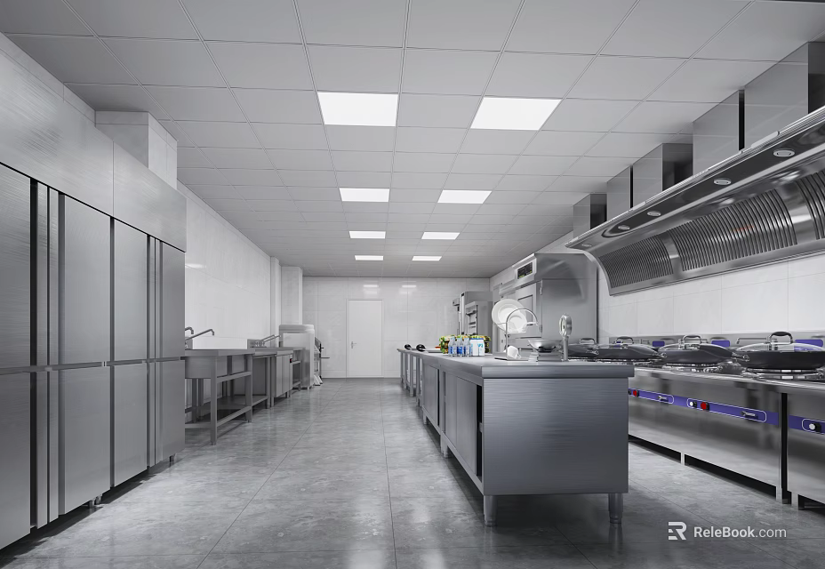 Commercial Kitchen Interior With Stainless Steel Equipment Long Worktables White Tiled Walls And Ceiling Lights 3d model 