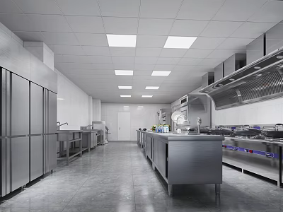 Commercial Kitchen Interior With Stainless Steel Equipment Long Worktables White Tiled Walls And Ceiling Lights 3d model